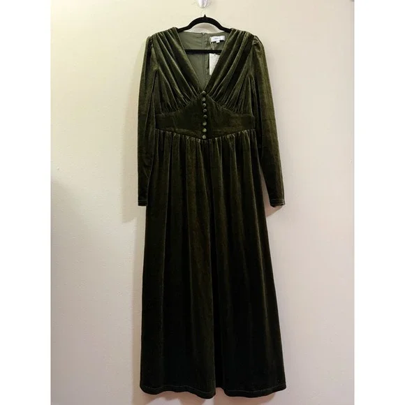 NWT Rihoas Olive Green Velvet Midi Dress Long Sleeve Button Waist M NWT Rihoas Olive Green Velvet Midi Dress Long Sleeve Button Waist M